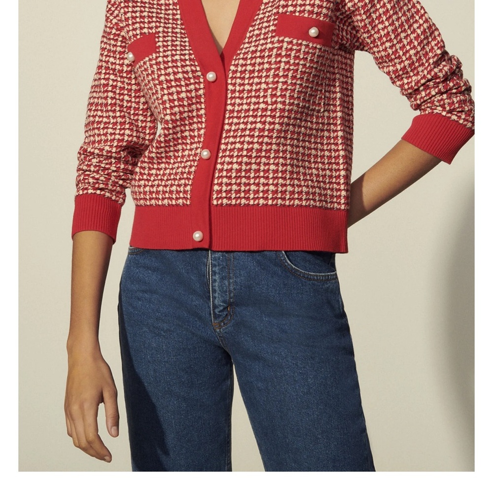 Sandro Red and White Cardigan Sweater with Retro-Inspired Design
